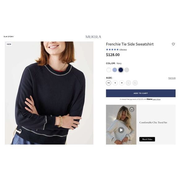 NWT Mersea Frenchie Tie Side Sweatshirt Crewneck Navy Blue Mer Sea Top Size XS - Picture 13 of 13
